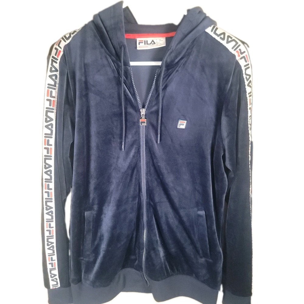 Fila Track Jacket Womens Large Navy Velour Full Zip Logo Tape Hoodie Sweatshirt